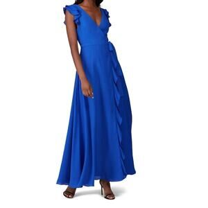 Fame & Partners long cobalt blue Kira ruffle wrap maxi  v-neck dress long sz 12